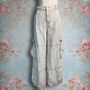 Arula By Altard State Ellis Brown & White Pinstripe Wide Leg Cargo Pants